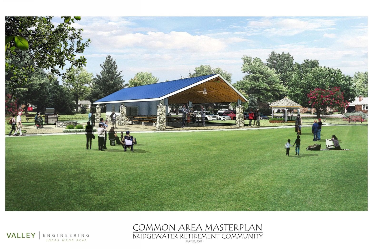 Front corner view of pavilion with people around