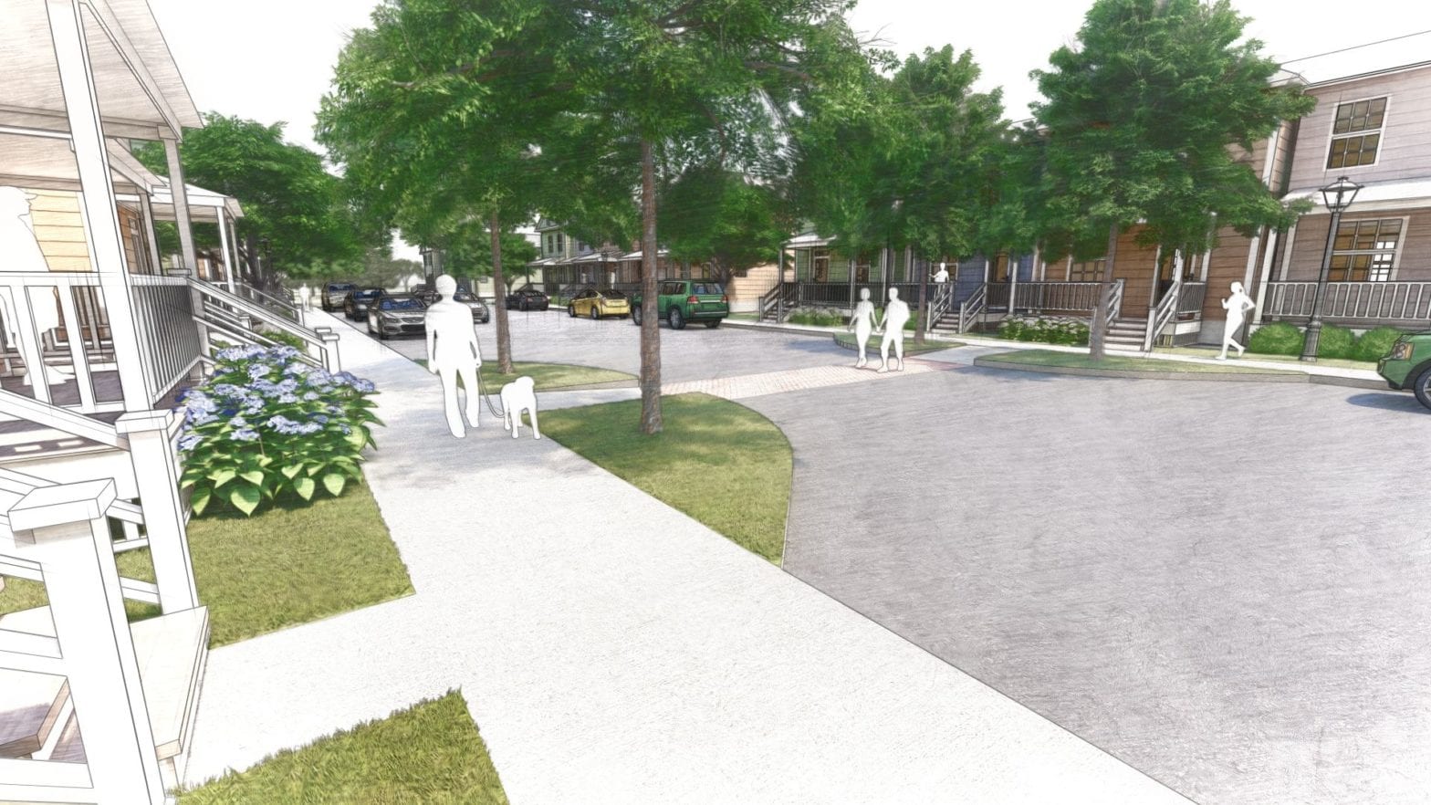 View of street with people and dog walking