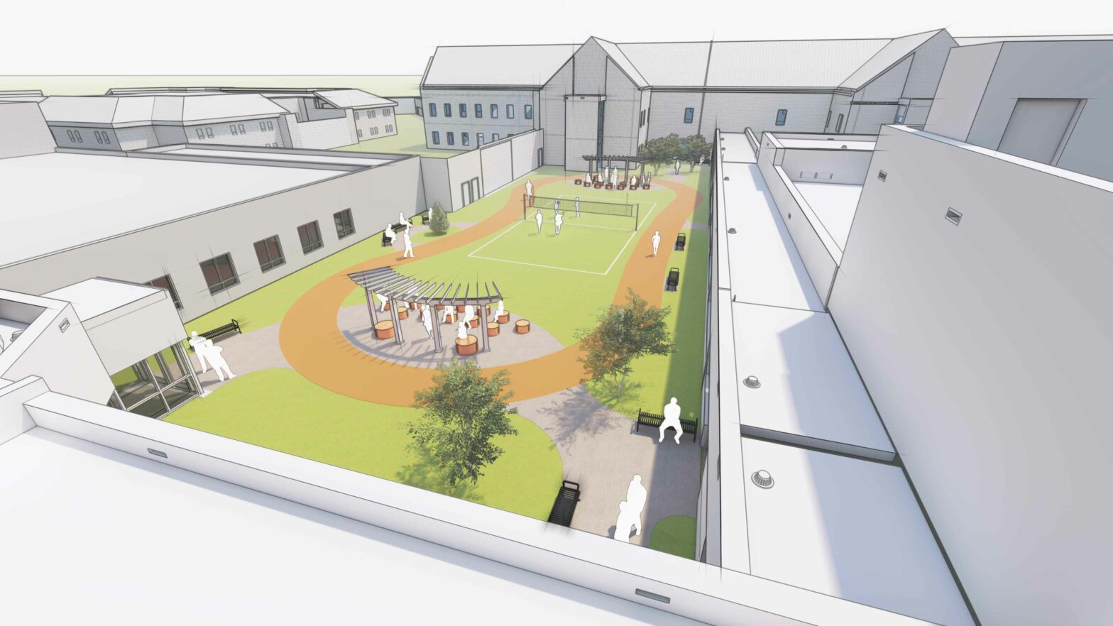 Upper view of renderings of courtyard